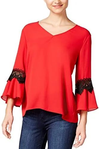 bcx juniors lace trimmed bell sleeved top red xs