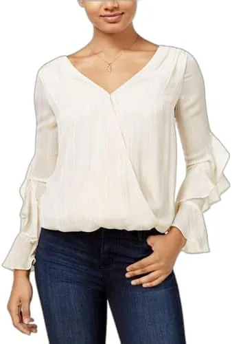 bcx juniors metallic striped ruffled surplice top white 2xs